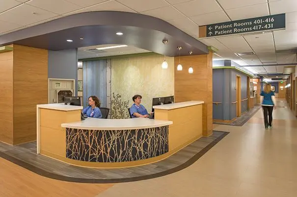 Hospital reception area – AVLC+ audiovisual, paging, and centralized communication system installation
