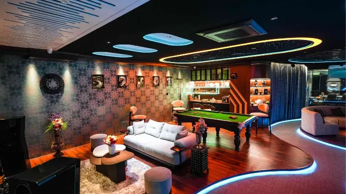 Entertainment lighting and audio setup in a restaurant and bar venue.